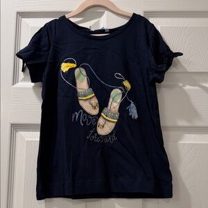 Girls Mayoral Navy Graphic Tee with Embroidered Sandals and Tassels size 8 BNWT